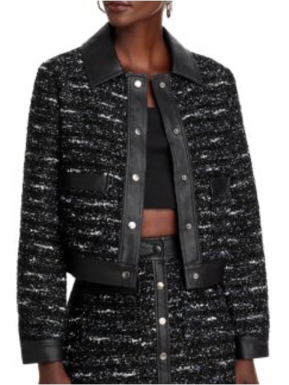 Aqua Faux Leather Trim Tweed Bomber Jacket
